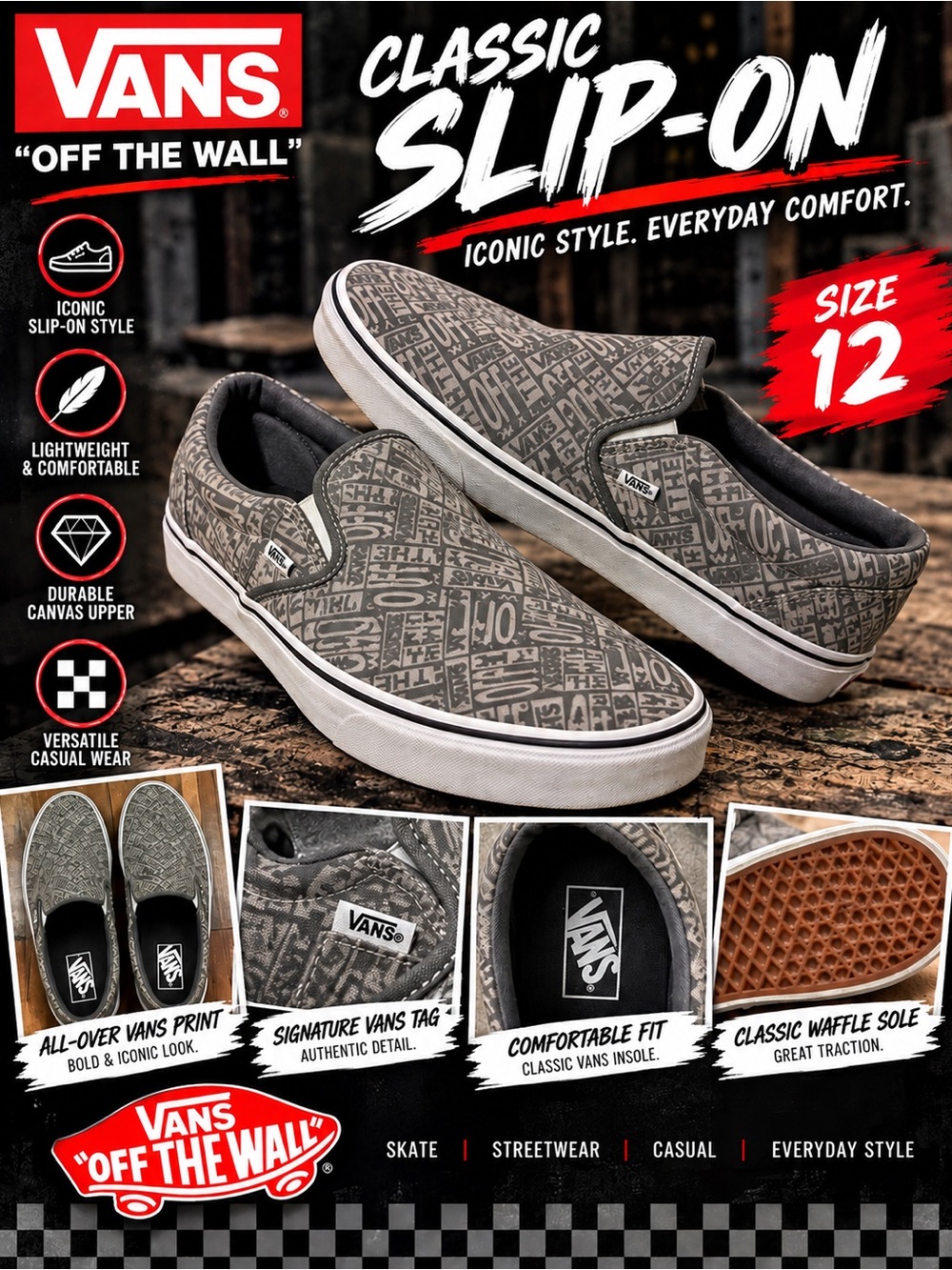 Vans Classic Slip-On Off The Wall Logo Print Gray Men’s Size 12